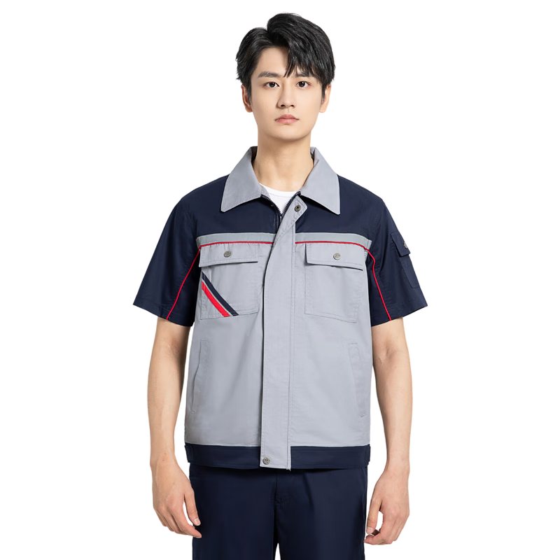 UHX夏季工作服男裝短袖套裝薄款透氣耐磨高級(jí)工廠(chǎng)車(chē)間勞保制服汽修服 【套裝】-藏藍(lán)拼銀灰（X132夏） XL (175) 建議135-155斤