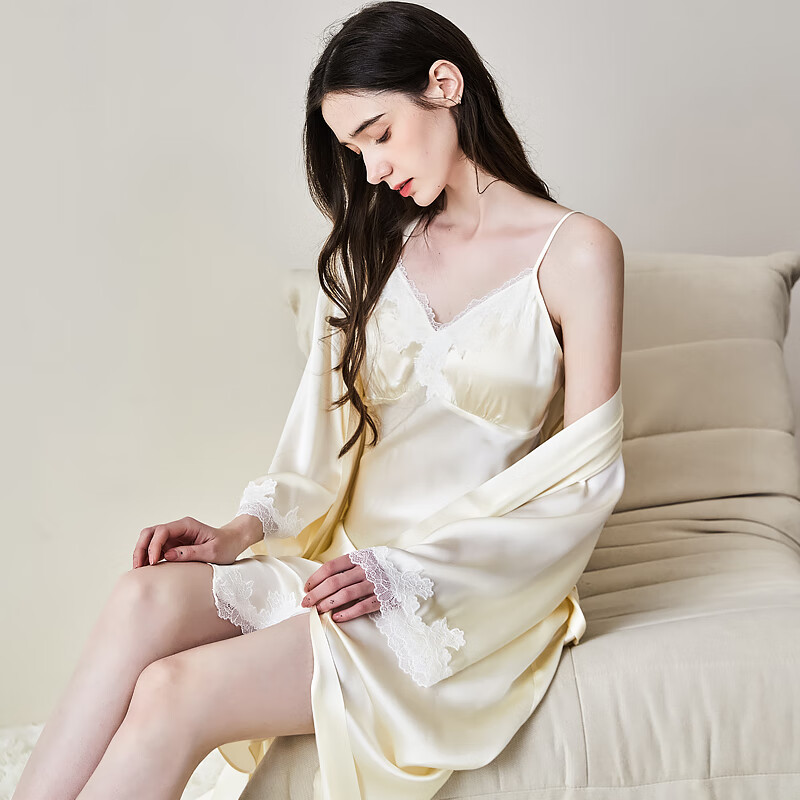 江南故事真丝睡袍女6A级100%桑蚕丝性感吊带睡裙套装丝绸家居服高级礼物 米色【高档礼盒】 XL