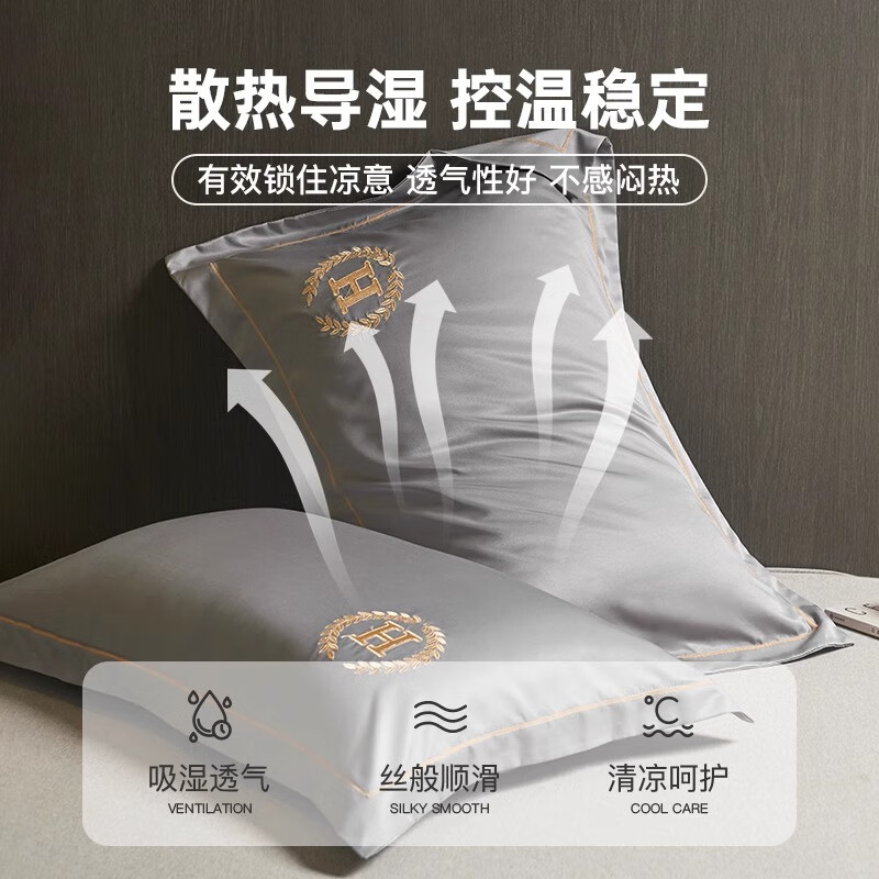 蜜乐暖夏季冰丝枕套48x74cm夏天家用真丝枕头套凉席枕芯套凉枕头罩单只 深空灰【双面刺绣 丝滑透气】 【凉感助眠】48x74cm【单只装】
