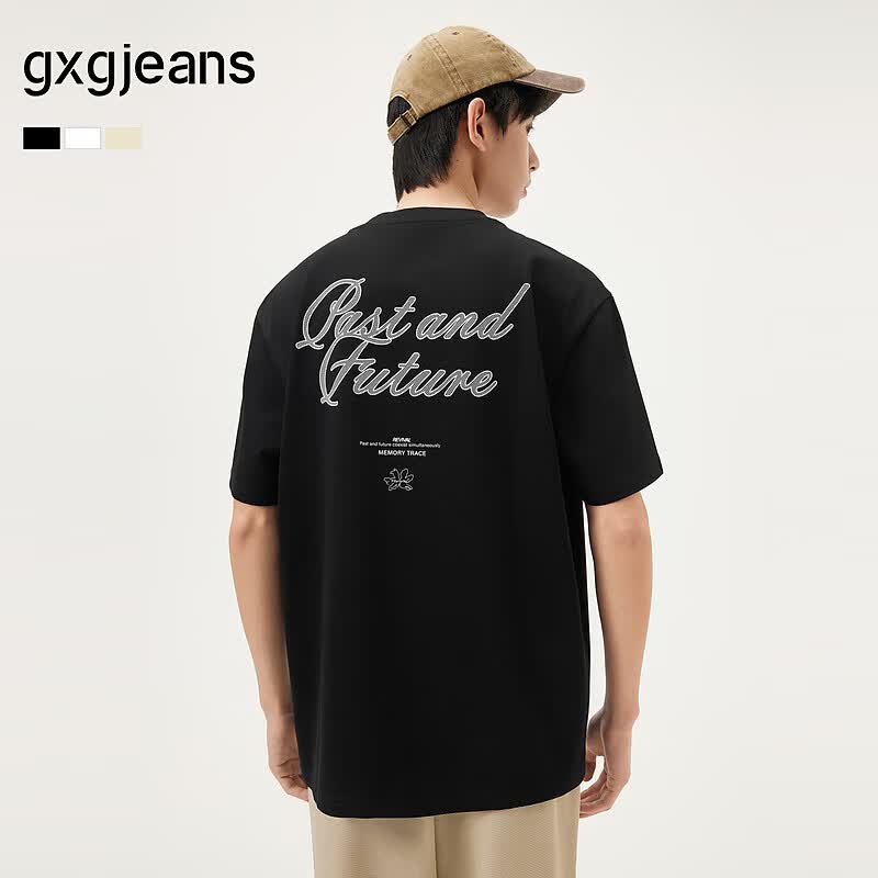 gxgjeans男装 多色后背字母时尚美式宽松圆领短袖T恤男 25夏新品 黑色 L (175)