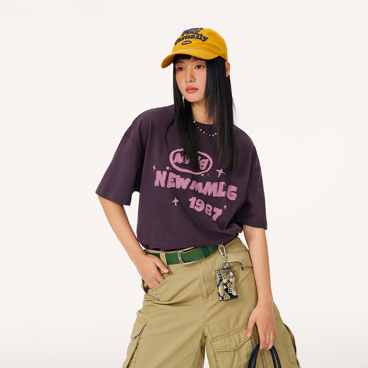 Mmlg 87mm 7A抗菌 纯棉短袖T恤女夏季新款潮牌印花韩系上衣情侣体恤衫 绛紫色 M