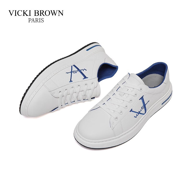 未毕(VICKI BROWN)法国品牌VB男鞋【冠军系列】简约潮流板鞋轻奢刺绣舒适防滑休闲鞋 白蓝色 37