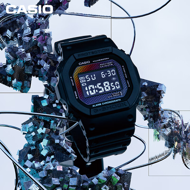 卡西欧（CASIO）男表G-SHOCK户外运动学生经典防水腕手表太阳能小方块送女520礼物 DW-5600RW-1PR彩虹纯黑