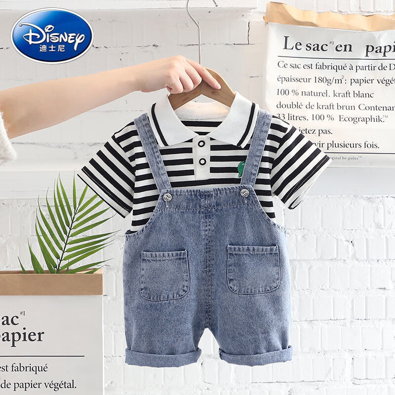 迪士尼（Disney）寶寶背帶褲套裝2025新款兒童夏季短袖短褲兩件套男女童帥氣韓版潮 黑色條紋牛仔套裝 80 適合70厘米左右