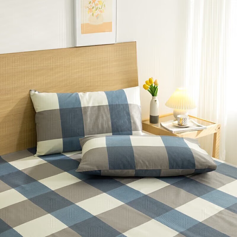 软贝原棉老粗布床单简约格子床单床上用品可水洗老粗布床单 蓝格 230*240cm床单+枕套一对