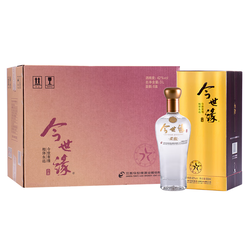 今世缘柔和纯粮白酒口粮江苏 42度 500mL 6瓶 柔和金7星 整箱