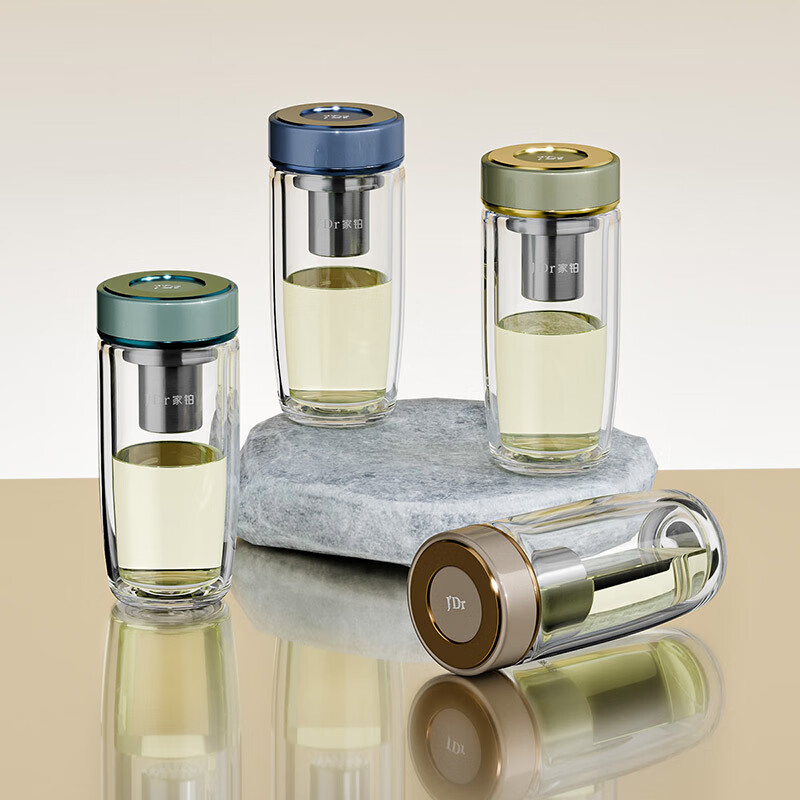 俯界（FUJIE)高端系列双层玻璃杯商务办公家用茶杯带滤网透明水杯 V662L-靛蓝色 360ml