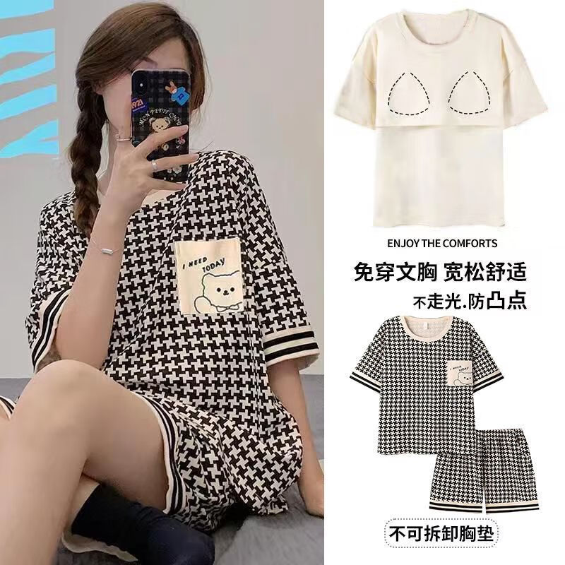 浪莎纯棉睡衣女夏季短袖短裤两件套装2025年新款薄款小熊家居服夏 带胸垫-千鸟小熊黑 XL 建议120-140斤
