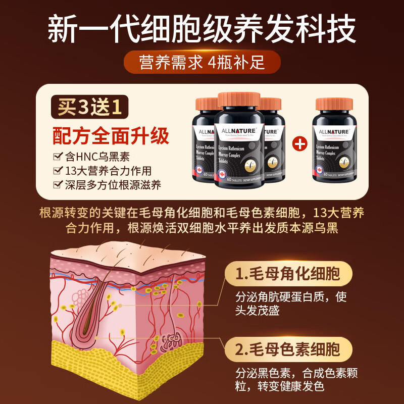 安美奇进口刺梨黑果枸杞可搭白发维生素变黑治根少年转黑养发防脱品用 【6瓶巩固装】 黑发生发乌黑亮泽人参刺梨黑果黄精海参肽核桃肽