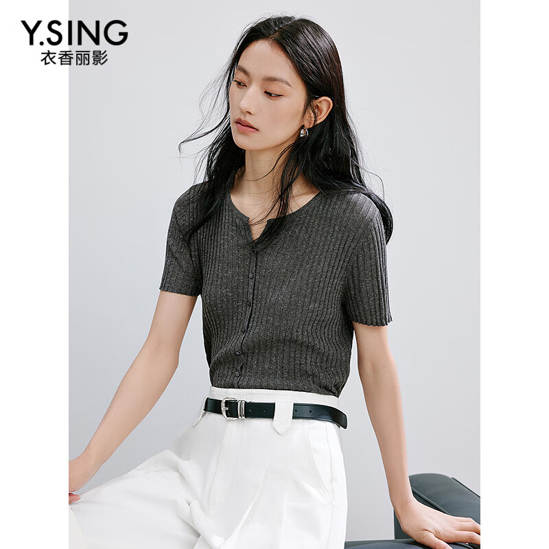 衣香麗影V領(lǐng)短袖針織開衫女2025年夏裝新款天絲亞麻短外套薄上衣 灰色 S