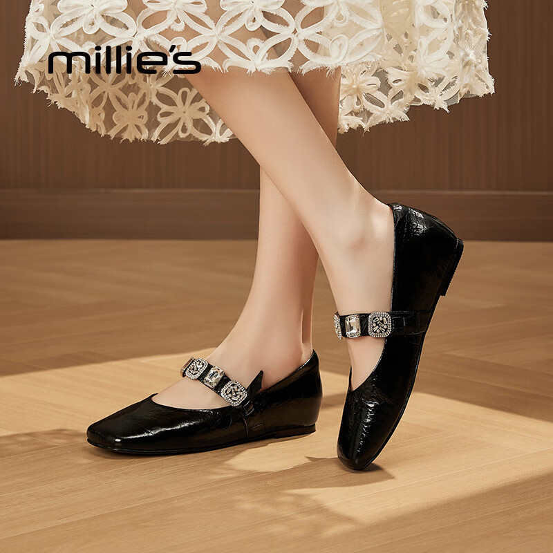 妙丽玛丽珍鞋女低跟浅口内增高法式2026春季新款百搭休闲晚晚单鞋 黑色 38 (240mm) 标准码