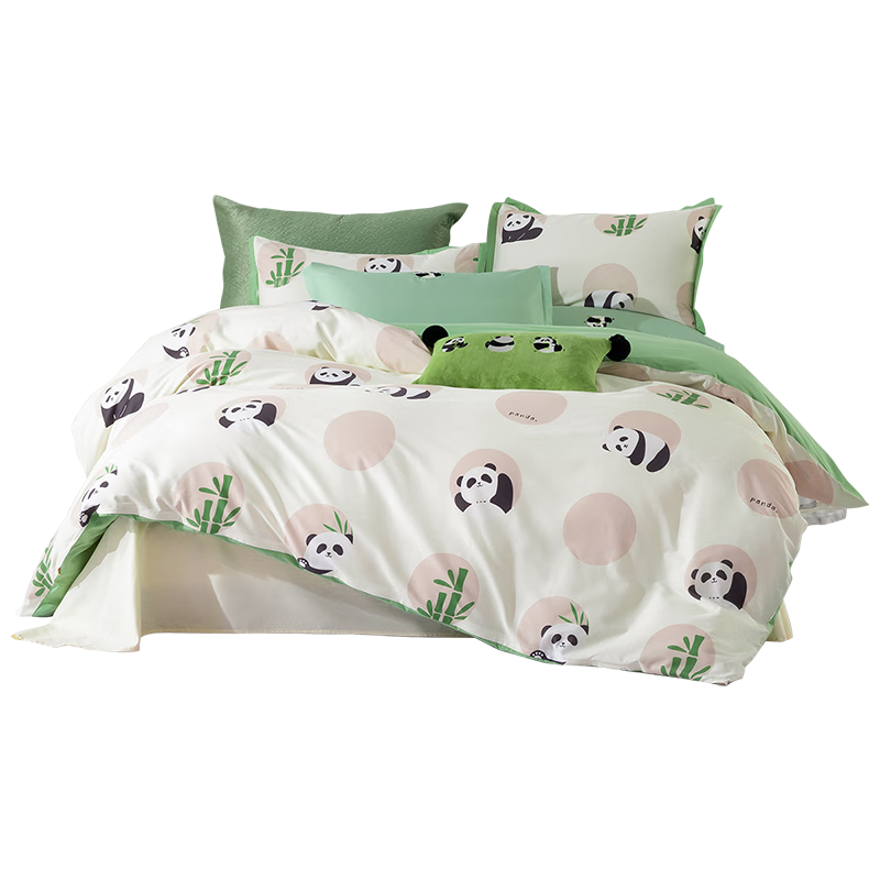 梦洁家纺床上用品四件套纯棉套件100%纯棉印花床单被罩四件套 1.5m床 被套200×230cm 熊猫滚滚