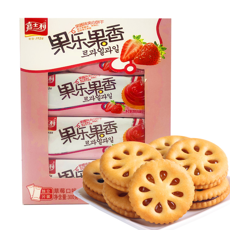 嘉士利 零食 饼干蛋糕 果乐果香 早餐果酱夹心饼干 韩版 草莓味300g/盒