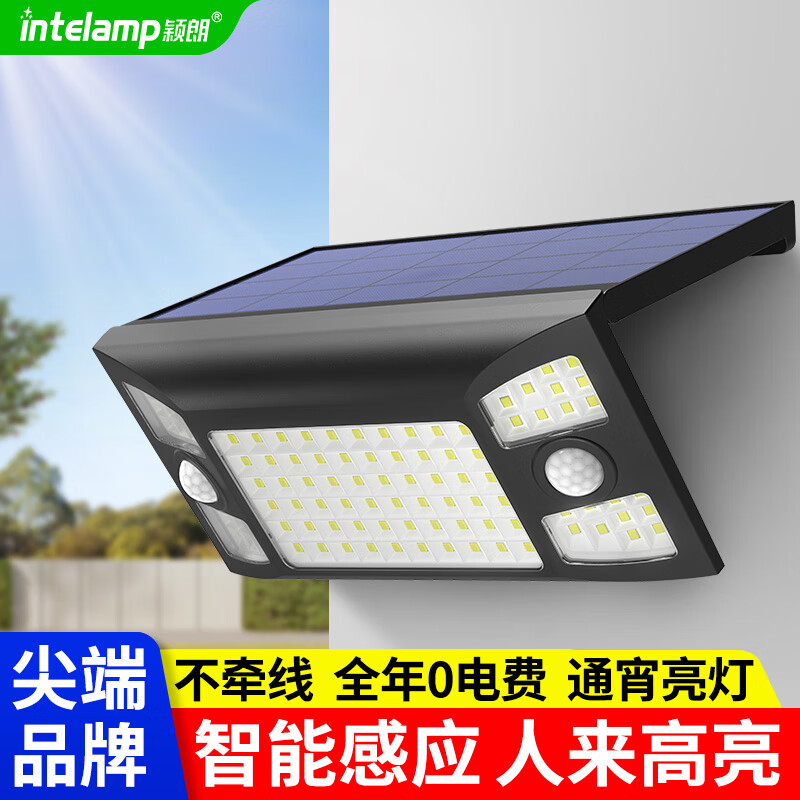 颖朗太阳能照明灯户外庭院灯农村路灯家用投光灯防水led超亮感应壁灯 一体爆亮款+双感应头+三面发光