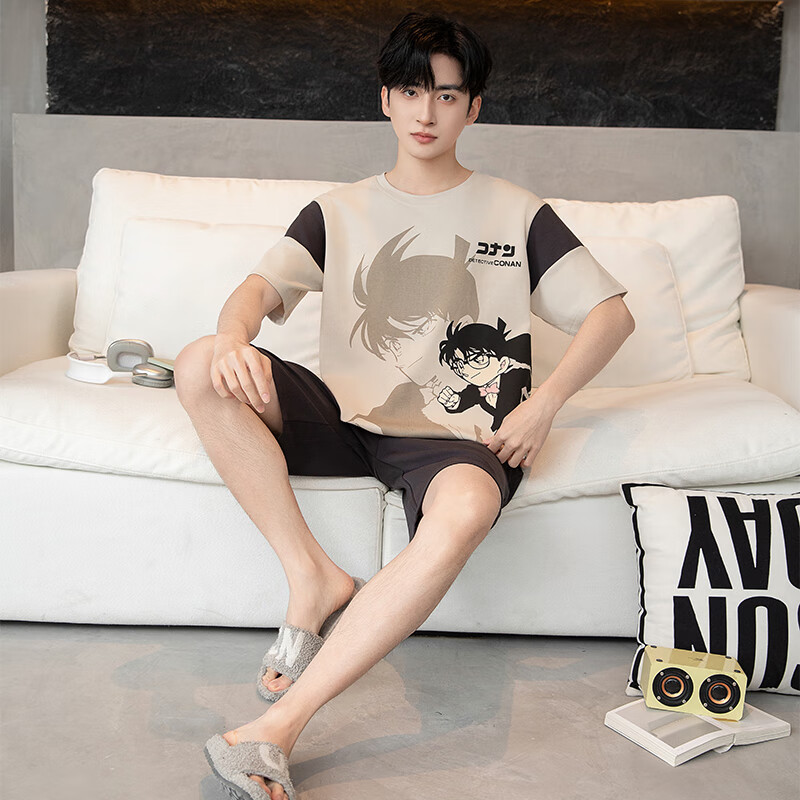 萧淑妃夏季卡通柯南纯棉男士睡衣可外穿青少年学生短袖短裤家居服套装 少年柯南 5XL