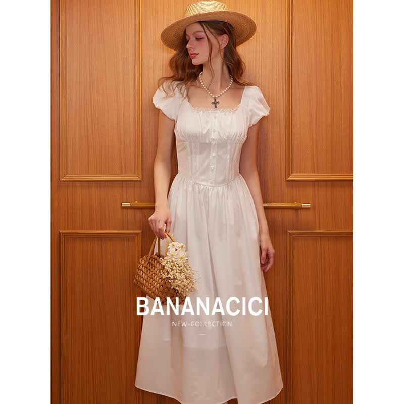 banana cici2025年夏季新款法式方领拼接蕾丝花边泡泡袖A字连衣裙C252LY597 白色 M