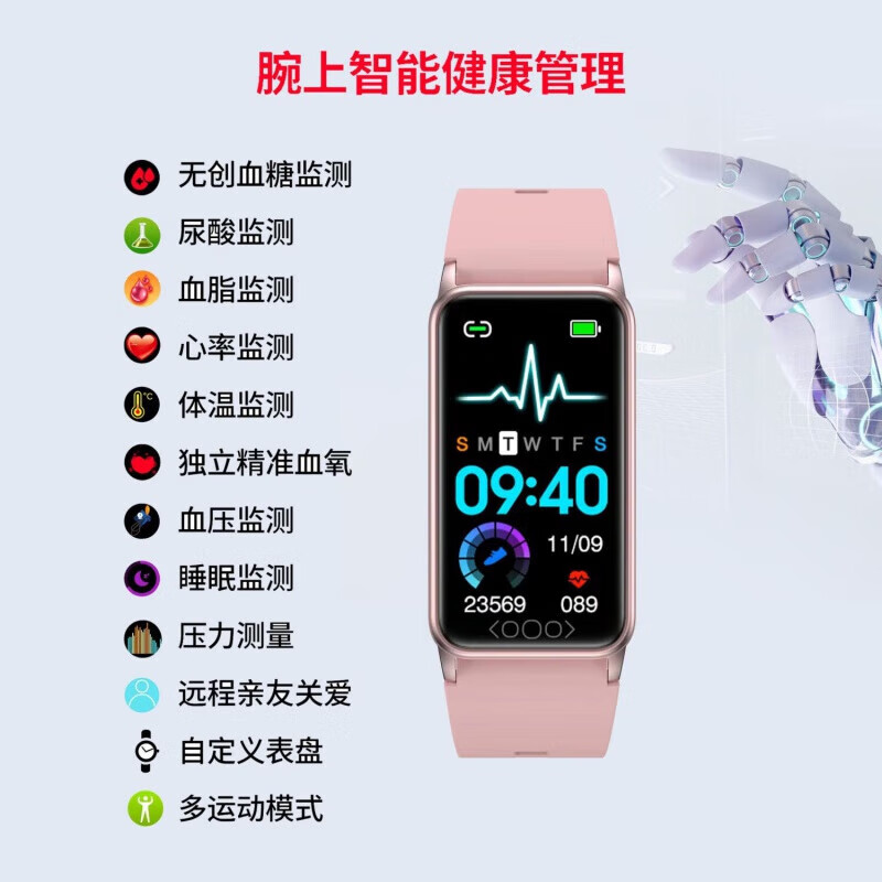 华为小米手环9适用血糖血压尿酸睡眠监测智能手环运动心率手表 青春粉-心率血糖血氧血压监测