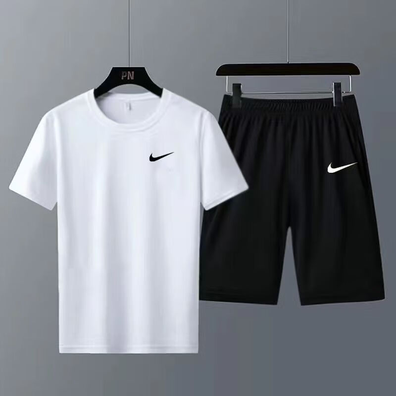 JUST DO IT-NIKE运动休闲套装男女夏季新款速干t恤男健身跑步短袖短裤薄款两 耐克短袖套装-白色小单勾【上印】 M 耐克M 【建议75-90斤】