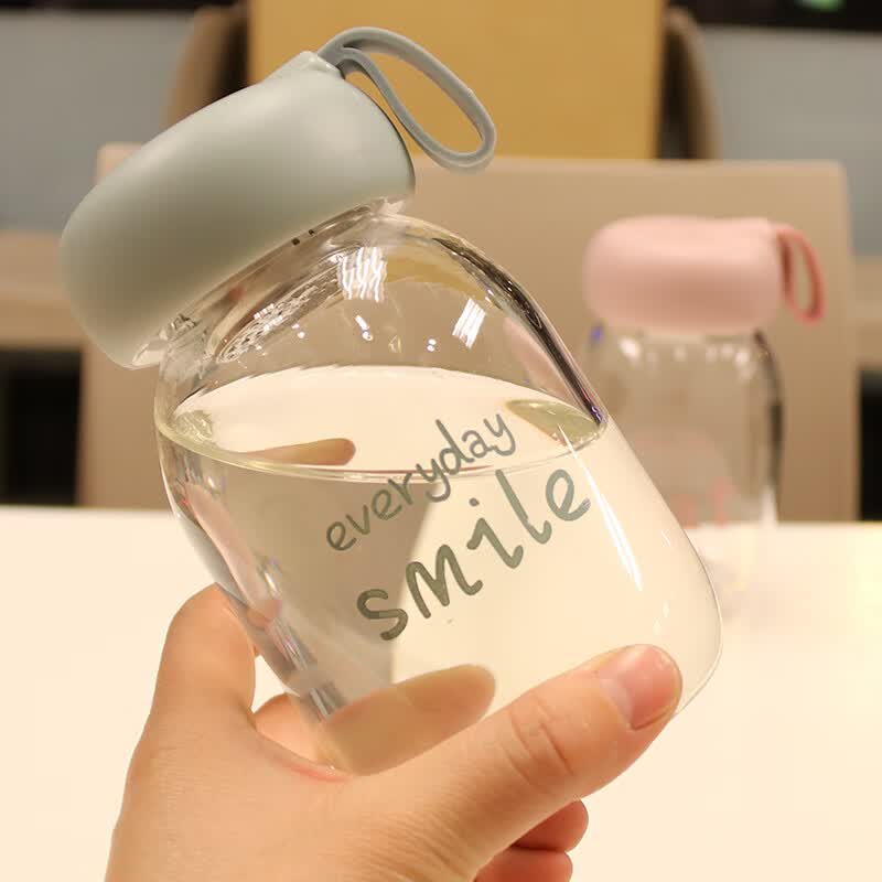 PGY日本进口品质大肚迷你可爱宝宝杯子玻璃杯清新水杯带茶隔防漏便携 萌宝qq绿色玻璃杯+杯套350ml