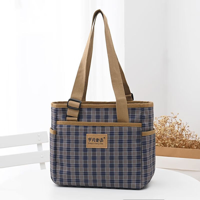潮酷而丹新款手提包妈咪手拎外出包时尚单肩包妈妈布包女神节饭盒袋便当包 109款灰蓝格子(可单肩背)