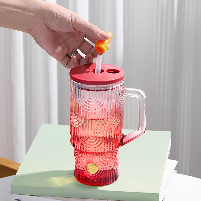 乐唯诗网红超大容量把手吸管玻璃杯子冰霸杯高颜值家用办公室巨无霸水杯 冰霸吸管杯【樱桃红】 620ml 1只