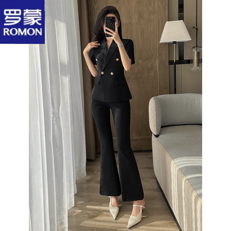 羅蒙（ROMON）短袖西裝套裝外套女夏薄款2025新款面試職業(yè)正裝高級(jí)感經(jīng)理工作服 6610黑色 西裝+微喇褲《》 薄款 S