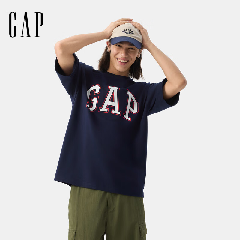 Gap男女装2025夏季新款胶印logo纯棉短袖T恤宽松多色上衣729157 藏青 M (170/92A) 亚洲尺码