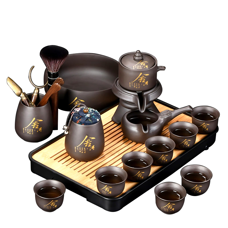 正揚紫砂石磨自動(dòng)茶具套裝家用功夫茶杯懶人泡茶器旋轉出水貼花整套 紫砂自動(dòng)(舍得)8杯+道罐洗長(cháng)琴黑