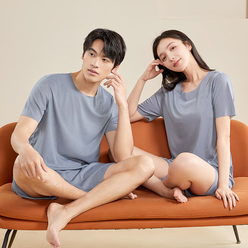 有只绵情侣睡衣套装春夏季冰丝无痕宽松大码男女款可外穿家居服 女短款-粉色 L