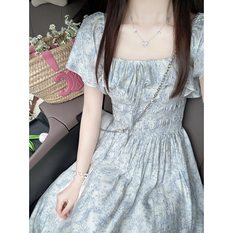 轻熟御姐风连衣裙茶歇法式蓝色碎花连衣裙女夏2025新款小个子高级 S 碎花裙 均码