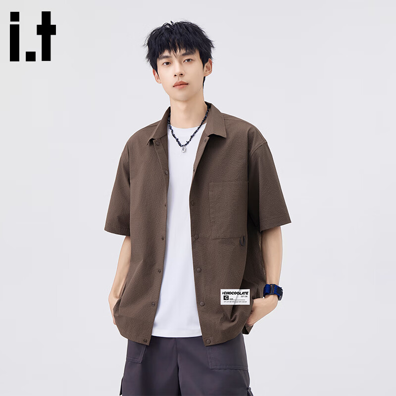 :CHOCOOLATE it夏季短袖衬衫男2025新款日系工装宽松休闲风外套男装 咖啡色 【官方正品】 XL 【建议135-155斤】