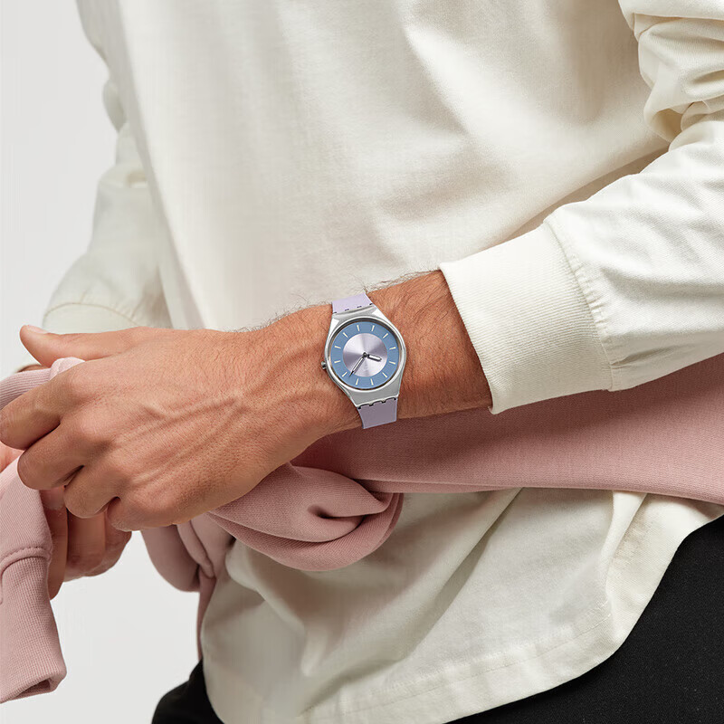 斯沃琪（Swatch）瑞士手表Skin Irony42系列轻音超薄考试手表生日礼物男女石英表 粉紫歌谣 SYXS157