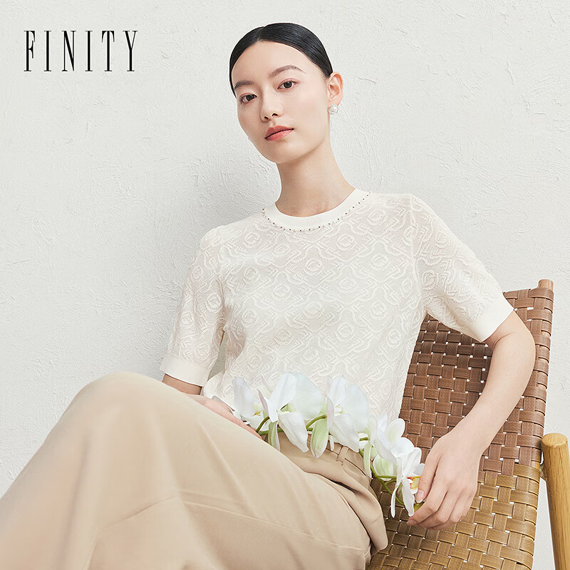 菲妮迪（FINITY）针织衫2025夏季新款简约领口钉珠设计百搭短袖上衣女 米白色 S