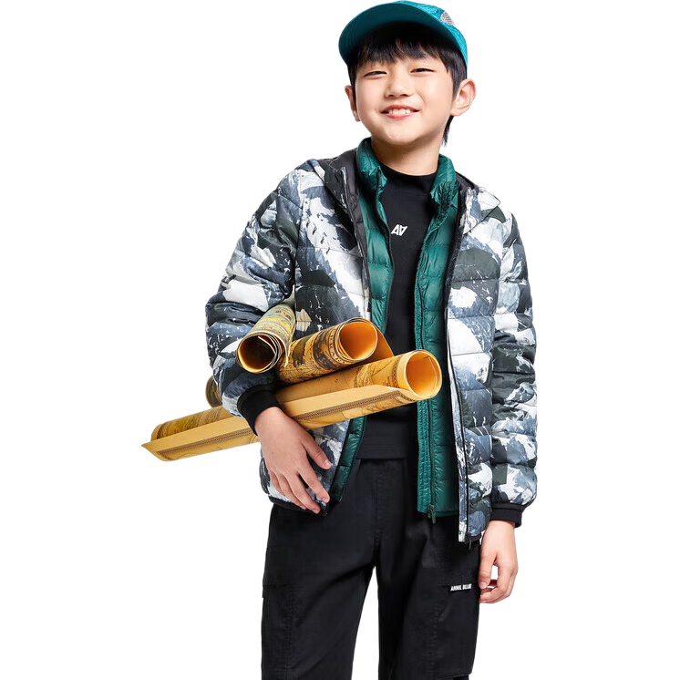 安奈兒(Annil)童裝男童女童輕薄羽絨服2024冬新款三防保暖外套 黑調花 130