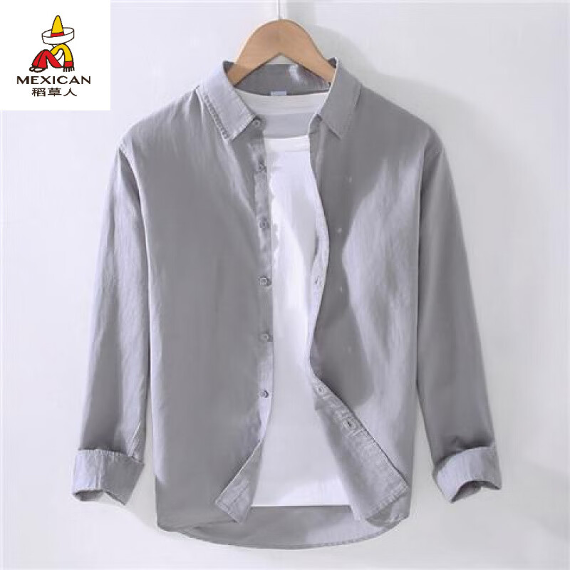稻草人（MEXICAN）夏季薄款小翻領(lǐng)長(cháng)袖亞麻襯衫男士寬松休閑白寸衫棉麻襯衣外套 灰色 XL 120-135斤