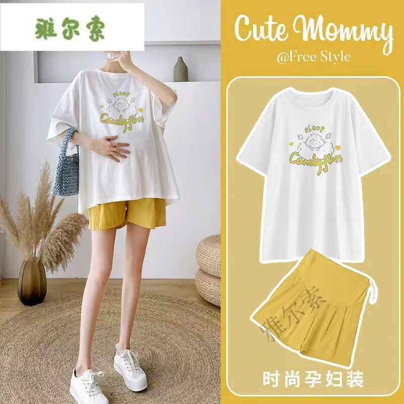 雅尔索孕妇装夏装套装时尚款洋气宽松t恤夏天短袖白上衣黄色短裤两件套 白色上衣+黄色托腹短裤【套装】 M【80-115斤】
