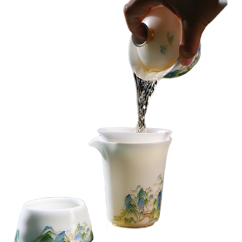 金鑲玉陶瓷功夫茶具整套白冰種玉瓷泡茶壺茶杯辦公室禮盒高檔 江山套裝