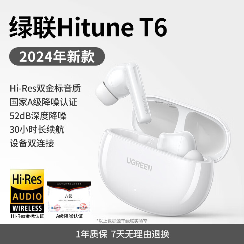 绿联T6 Magic入耳式智能触控屏蓝牙耳机主动降噪耳机金标认证长续航 蓝牙5.4适用苹果华为小米WS211 钛白色T6真无线蓝牙耳机