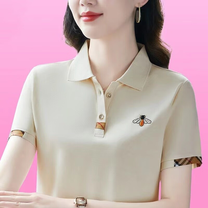 妈妈装短袖t恤夏季2026大码女装洋气显瘦女士POLO领打底衫上衣服 YB-833KY杏色 M 【建议80-95斤】