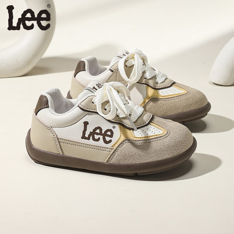 LEE KIDS童鞋秋季新款百搭德训鞋低帮休闲运动鞋男童轻便户外板鞋女大童 米白杏 29 【建议脚长178.3mm】