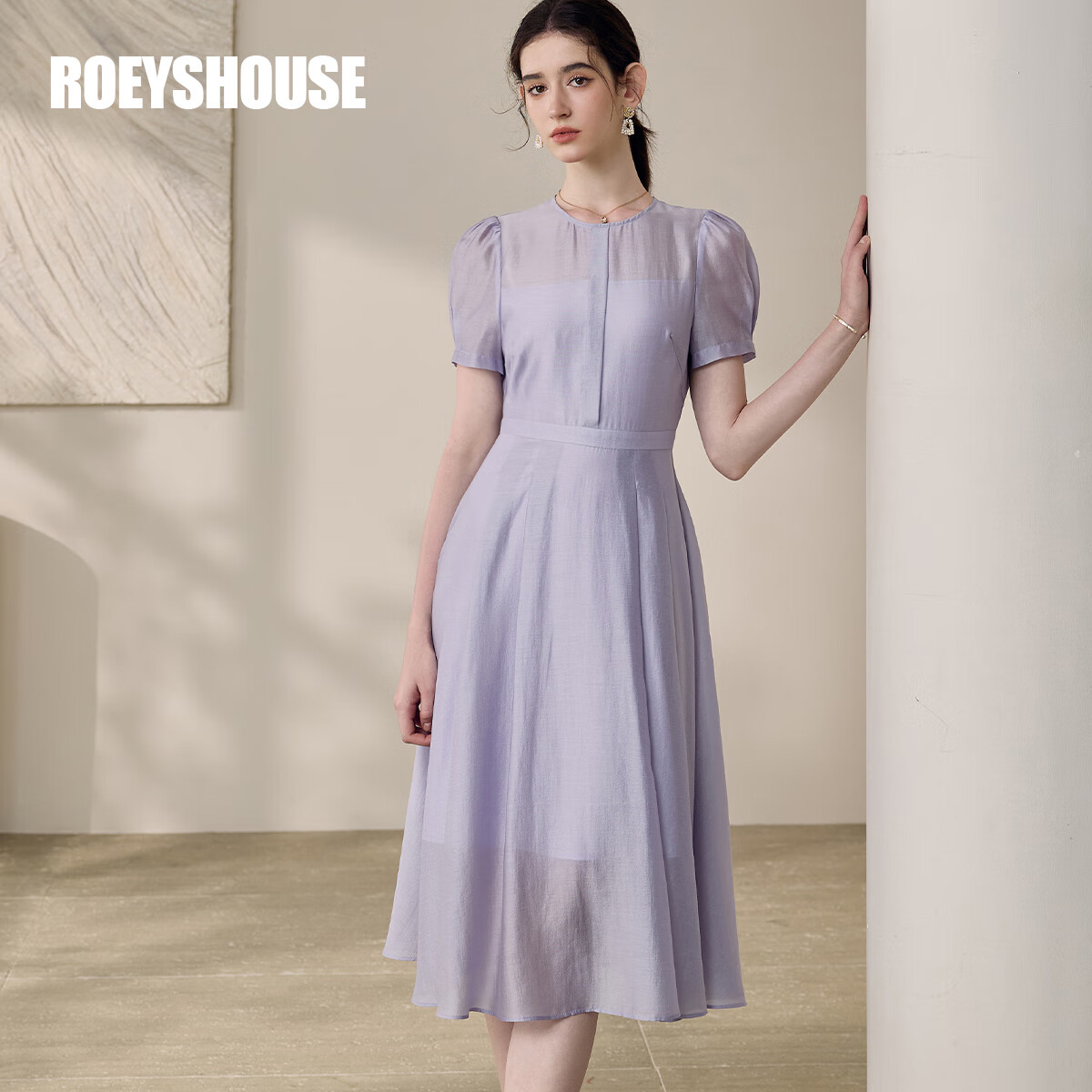 ROEYSHOUSE罗衣气质番红花紫收腰连衣裙2025夏季新款时尚泡泡袖大摆裙12052 紫色 L