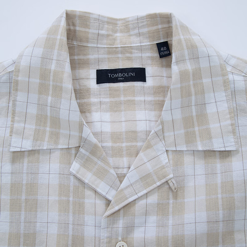 东博利尼春夏新款男士亚麻格子短袖衬衫日系复古衬衣潮 米黄色 40