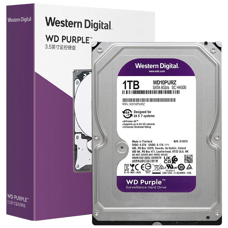 �������ݣ�WD��1TB ��ؼ���еӲ�� WD Purple �������� SATA 64MB CMR��ֱ �����洢 3.5Ӣ�� WD10PURZ