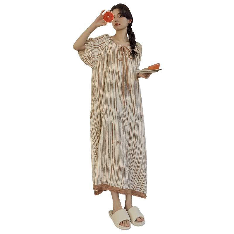 百亿补贴:芬腾可安(FENTENGCARE)睡裙女士夏季带胸垫圆领短袖条纹加大码宽松中长款睡衣裙家居服Q169元