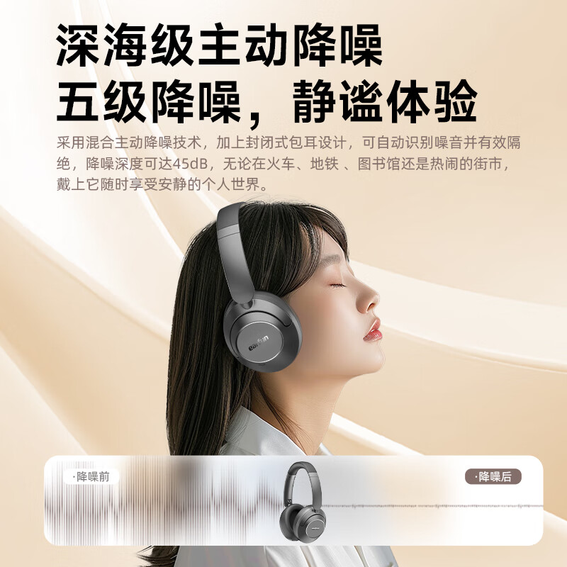丽耳【达人推荐】Wave Pro 头戴式蓝牙耳机双金标认证音质AI通话降噪80小时超长续航无线有线电脑 【新版本】5.4蓝牙 暗夜黑 支持7天试用|18月质保|顺丰闪发