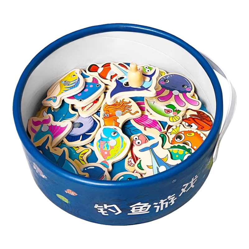 爸爸媽媽木質(zhì)釣魚玩具釣魚池兒童早教玩具帶磁性釣魚臺(tái)兒童玩具撈魚玩具男孩女孩生日禮物51魚桶裝