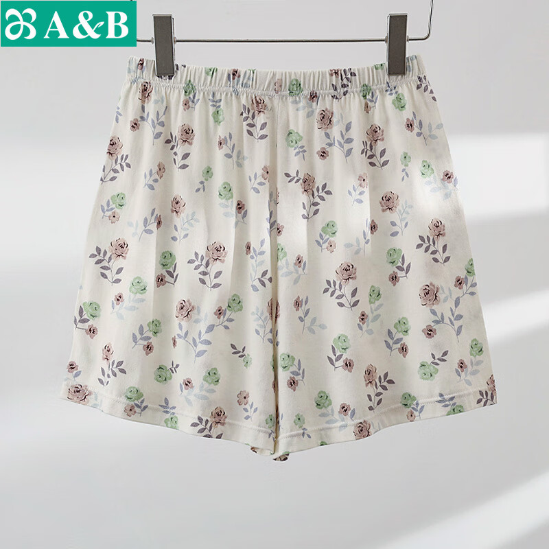 AB中老年夏季薄款纯棉短款印花柔软高腰睡裤家居裤短裤内衣裤子 石榴花 XL