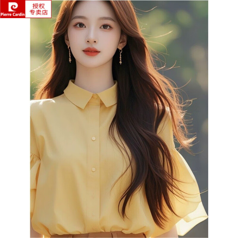 皮尔卡丹（pierre cardin）法式高级感黄色翻领衬衫女夏设计感独特漂亮小衫别致减龄半袖上衣 黄色【专柜品质 】 XL