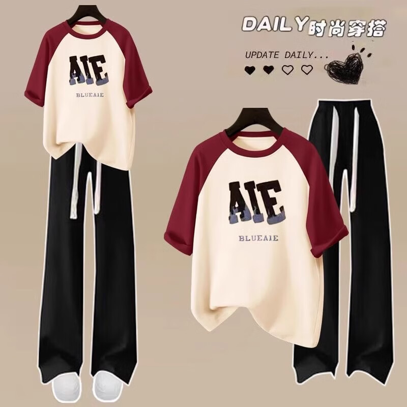 萱莉莉高中女生夏裝新款洋氣女生衣服初中生夏季套裝休閑短袖褲子兩件套 -60長褲套裝紅拼杏上衣+黑褲 170 碼 【建議120-130斤】