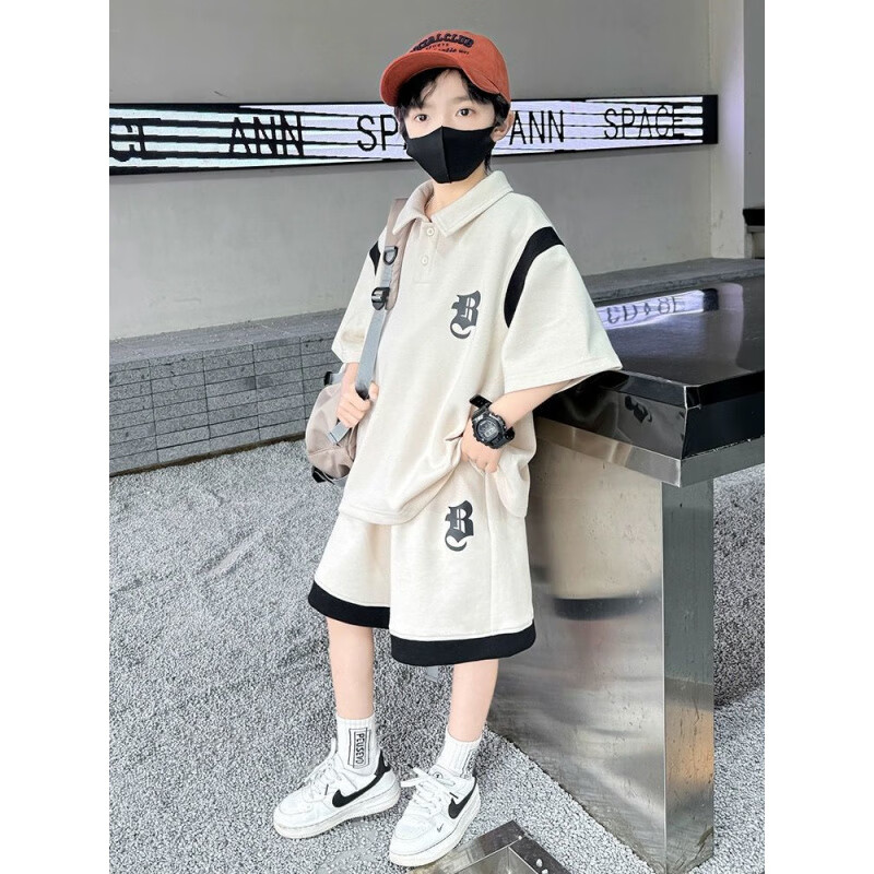 G.duck2026新款男童夏装套装中大儿童夏季潮酷帅男孩短袖运动两件套潮 【高质量】杏色 三只熊熊 160 码(身高140-150cm)